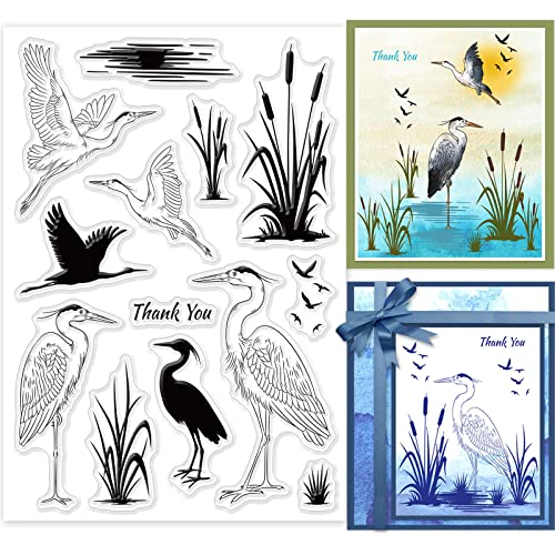 GLOBLELAND Heron Clear Stamps Wetland Silhouette See Reed Silikon Clear Stamp Seals for Card Making DIY Scrapbooking Foto Journal Album Dekoration von GLOBLELAND