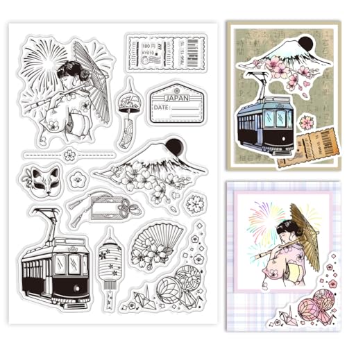 GLOBLELAND Japan Travel Sightseeing Clear Stamps Mt. Fuji Feuerwerk Kirschblüten Silikon-Stempel Japanisches Kulturmuster Für Tagebuch Kartenherstellung Scrapbooking Fotoalbum Dekoration von GLOBLELAND