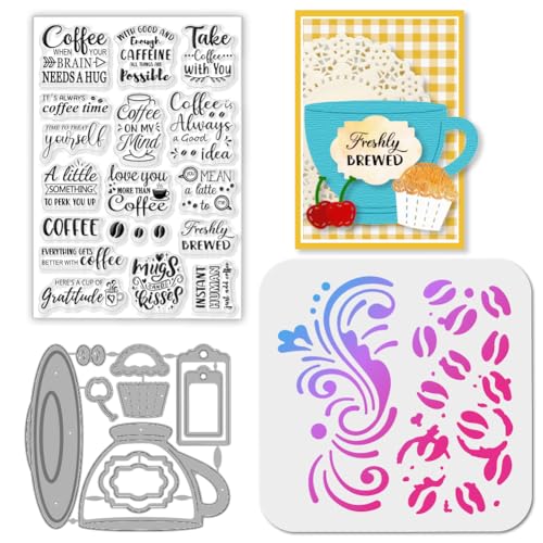 GLOBLELAND Kaffee Etiketten Stamps Stanzschablone für die Kartenherstellung Kaffee Tassen Silikonstempel Stanzschablone Kaffeebohnen PET Malschablonen Für DIY Scrapbooking Bastelalben Zubehör von GLOBLELAND