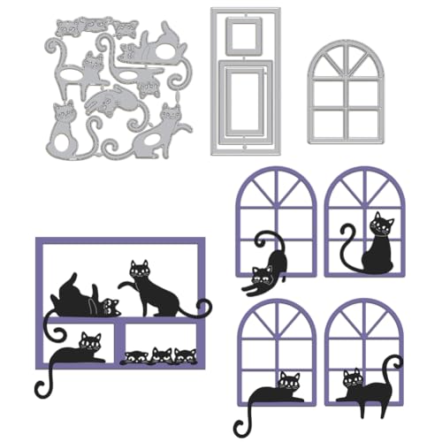 GLOBLELAND Katzen-Fenster-Stanzformen Für Die Kartenherstellung, Metall-Katzen-Fensterrahmen-Stanzformen, Prägeschablonen, Stanzschablonen, Vorlage Für Scrapbooking, Papierdekoration von GLOBLELAND