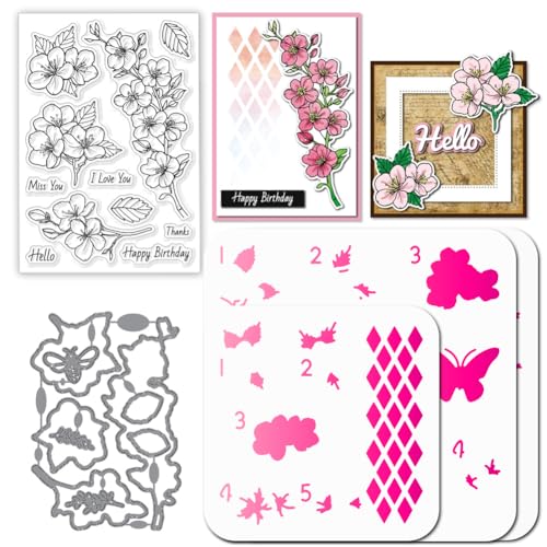 GLOBLELAND Kirschblütenmotiv Stamps Stanzschablone für die Kartenherstellung Blumen Blättern Silikonstempel Stanzschablone Schmetterlingen PET Malschablonen Für DIY Scrapbooking Bastelalben Zubehör von GLOBLELAND