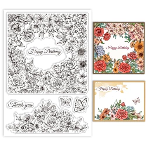 GLOBLELAND Klare Stempel Mit Blumenhintergrund Für DIY Scrapbooking, Schmetterlinge, Blumen, Silikon Stempelsiegel, Transparente Stempel Für Karten, Fotoalbum, Tagebuch, Heimdekoration, 6.3×4.33inch von GLOBLELAND