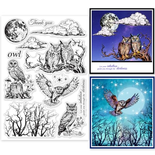 GLOBLELAND Klare Stempel Mit Eulen Und Mondmotiv Klare Stempel Mit Verwelktem Baum Mond Und Wolken Silikonstempel Für DIY Scrapbooking Fotoalben Dekorative Karten Heimdekoration 5.83x8.27 inch von GLOBLELAND