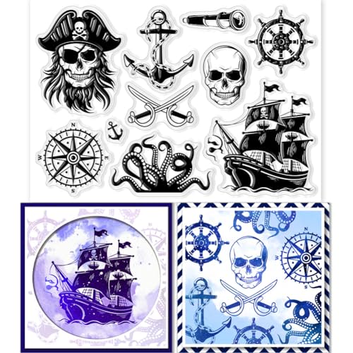 GLOBLELAND Klare Stempel Mit Piratennavigation, Piratenschiffe, Kapitäne, Skelette, Silikon, Klare Stempelsiegel Für DIY, Scrapbooking, Karten, Fotoalbum, Tagebuch, Heimdekoration von GLOBLELAND