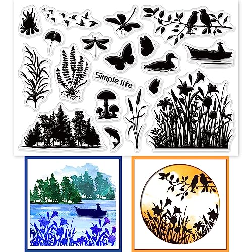 GLOBLELAND Feuchtgebiet Silhouette Transparente Silikonstempel Meerblick Seeblick Klare Stamps Vögel Schmetterlinge Silikonstempel Für Kartengestaltung DIY Prägung Journaling von GLOBLELAND