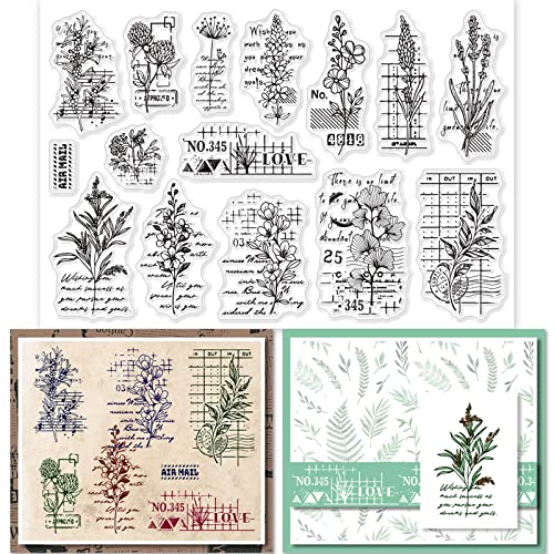 GLOBLELAND Klare Stempel Mit Vintage-Blumentext Zum Basteln Natürliche Pflanzen Thema Mit Geometrischen Elementen Transparente Silikonstempel Für DIY Scrapbooking Fotoalbum Dekorativ von GLOBLELAND