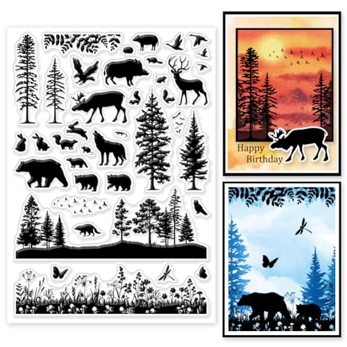 GLOBLELAND Klare Stempel Mit Waldtier Silhouette Waldhintergrund Klare Gummistempel Pflanzen Und Blätter Silikonstempel Für DIY Scrapbooking Fotoalbum 5.83x8.27zoll von GLOBLELAND