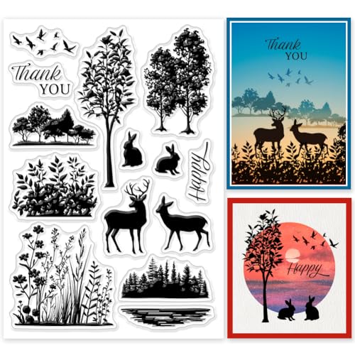 GLOBLELAND Waldtier Silhouette Silikonstempel Wildhirsch Transparente Stempel Kaninchen Vogel Klare Stamps Für Karten Herstellung DIY Scrapbooking Basteln von GLOBLELAND