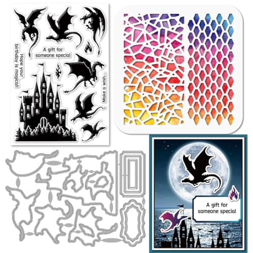 GLOBLELAND Klarer Stempel Mit Drachenschloss Flamme Drachenrahmen Stanzform Drachenschuppen Hintergrund PET Farbe Bastelvorlage Schablonen Set Für Die Kartengestaltung DIY Prägung Scrapbooking von GLOBLELAND