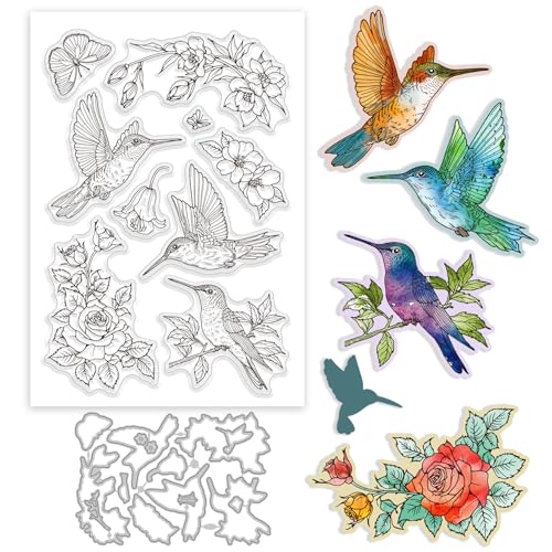 GLOBLELAND Kolibri Frühlingsblumen Silikonstempel Metall Stanzformen Malschablonen Für Die Kartenherstellung Rosen Vögel Stempel Stanzformen Schablonen Set Für DIY Scrapbooking Kunsthandwerk von GLOBLELAND