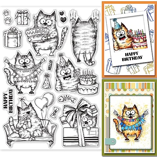 GLOBLELAND Klarer Stempel Zum Geburtstag Katzen Tier Sofa Katze Geburtstagstorte Silikon Klare Stempel Geschenkbox-Siegel Für DIY Scrapbooking Tagebücher Dekorative Karten Herstellung von Fotoalben von GLOBLELAND