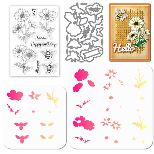 GLOBLELAND Kosmos Bienen Stamps Stanzschablone für die Kartenherstellung Blumen Insekten Silikonstempel Stanzschablone Geschichtet PET Malschablonen Für DIY Scrapbooking Bastelalben Zubehör von GLOBLELAND