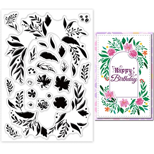 GLOBLELAND Layered Flowers Background Clear Stamps Layering Leaves Wreath Frame Silicone Clear Stamp Seals for Cards Making DIY Scrapbooking Photo Journal Album Decoration von GLOBLELAND