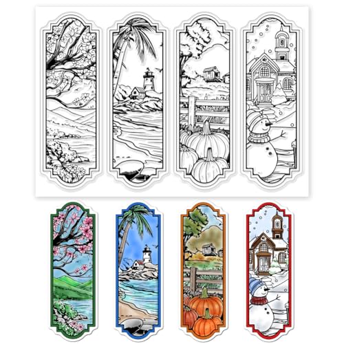 GLOBLELAND Lesezeichen Mit Vier Jahreszeiten, Transparente Stempel, Frühling, Sommer, Herbst, Winter, Landschaftsetiketten, Silikon Stempelsiegel, Bäume, Fluss, Kürbisse, Schneemänner von GLOBLELAND