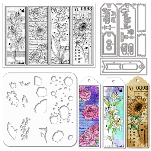 GLOBLELAND Lesezeichen Vintage Blumenmotiv Transparente Stempel Stanzformen PET Malschablonen Lesezeichen Silikonstempel Metall Etikettenrahmen Stanzformen PET Malschablonen Für DIY Scrapbooking von GLOBLELAND