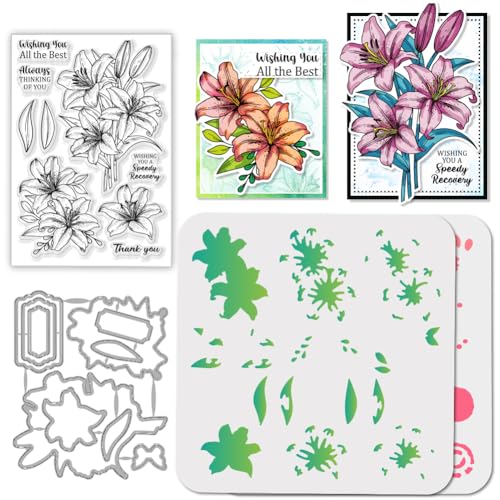 GLOBLELAND Lily Blumen Stamps Stanzschablone für die Kartenherstellung Wunschwörter Silikonstempel Stanzschablone Geschichtet PET Malschablonen Für DIY Scrapbooking Bastelalben Zubehör von GLOBLELAND