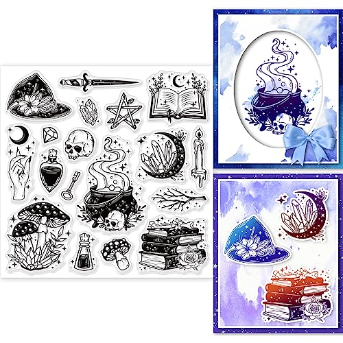 GLOBLELAND Magic Elements Clear Stamps Für DIY Scrapbooking Witch Book Hat Silikon Clear Stamp Seals 15x15 cm Transparente Stempel Für Kartenherstellung Fotoalbum Journal Home von GLOBLELAND