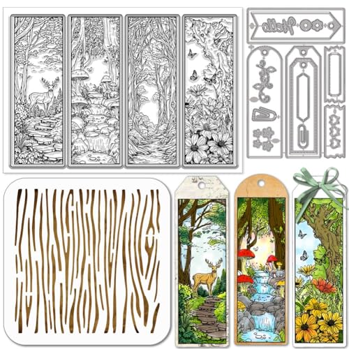 GLOBLELAND Magic Forest Lesezeichen Klare Stempel Schneideformen PET Malvorlagen für Kartenherstellung Blumen Etiketten Silikonstempel Hintergrund Stanzformen Malvorlagen für DIY Scrapbooking von GLOBLELAND