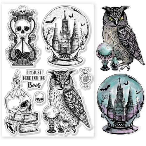 GLOBLELAND Magische Kristallkugel, Eule Und Kerzen, Transparente Stempel Für Kartenherstellung, Magisches Skelett, Silikon Stempelsiegel Für DIY Scrapbooking von GLOBLELAND