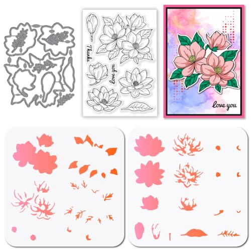 GLOBLELAND Magnolien Stamps Stanzschablone für die Kartenherstellung Blumen Blätter Silikonstempel Stanzschablone Geschichtet PET Malschablonen Für DIY Scrapbooking Bastelalben Zubehör von GLOBLELAND
