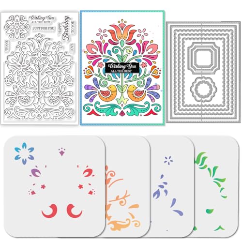 GLOBLELAND Mandala Blumen Stamps Stanzschablone für die Kartenherstellung Volkskunstmuster Silikonstempel Stanzschablone Rechteckiger Rahmen Geschichtet PET Malschablonen Für DIY Scrapbooking von GLOBLELAND