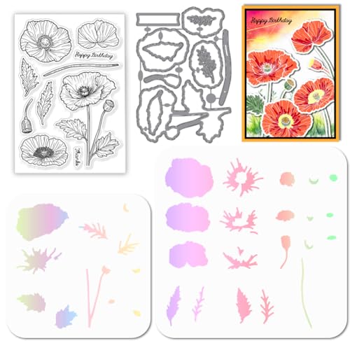 GLOBLELAND Mohnblumen Stamps Stanzschablone für die Kartenherstellung Blumensegen Silikonstempel Stanzschablone Geschichtet PET Malschablonen Für DIY Scrapbooking Bastelalben Zubehör von GLOBLELAND