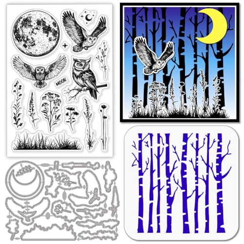 GLOBLELAND Mond Eule Stamps Stanzschablone für die Kartenherstellung Wildblumen Gras Silhouette Silikonstempel Stanzschablone Birkenbaum Wald PET Malschablonen Für DIY Scrapbooking Bastelalben Zubehör GLOBLELAND Mond Eule Stamps Stanzschablone für die Kartenherstellung Wildblumen Gras Silhouette Silikonstempel Stanzschablone Birkenbaum Wald PET Malschablonen Für DIY Scrapbooking Bastelalben Zubehör von GLOBLELAND