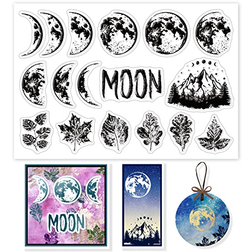 GLOBLELAND Mond Klare Stempel für DIY Scrapbooking Dekor Mondphasen Neumond Herbst Berge Ahornblätter Transparente Silikonstempel für die Herstellung von Karten Fotoalbum Dekoration von GLOBLELAND