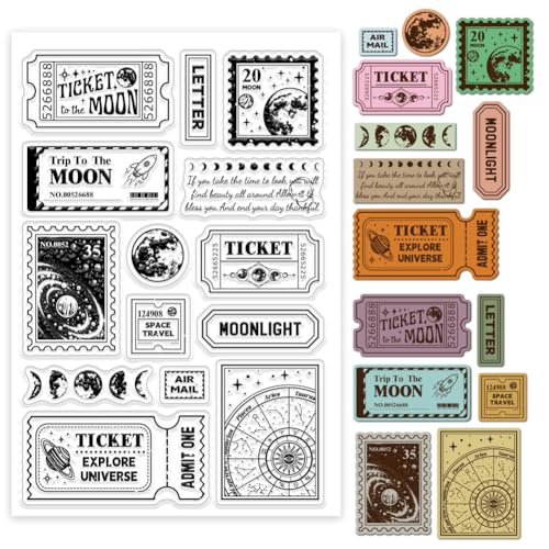 GLOBLELAND Moon Tickets Transparente Silikonstempel Retro Galaxie Klare Stamps Porto Silikonstempel Für Kartengestaltung DIY Prägung Journaling von GLOBLELAND