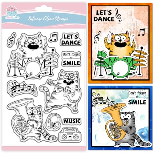 GLOBLELAND Musik-Comic-Katze klarer Stempel für Scrapbooking Cartoon-Katze Silikonstempel Noten Schlagzeug Gitarre transparenter Stempel für Kartengestaltung DIY Prägen Journaling von GLOBLELAND
