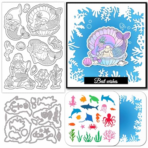 GLOBLELAND Ozean Meerjungfrau Zwerg Transparente Stempel Stanzformen PET Malschablonen Sommermuscheln Silikonstempel Metall Meerestiere Stanzformen PET Malschablonen Für DIY Scrapbooking von GLOBLELAND