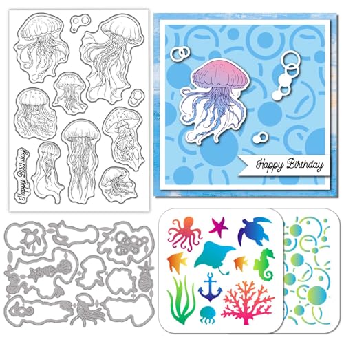 GLOBLELAND Ozeanquallen, transparente Stempel, Stanzschablonen, PET-Malschablonen für Kartenherstellung, Sommerblasen, Silikonstempel, Metallgrüße, Stanzformen, PET-Farbe-Schablonen für DIY von GLOBLELAND
