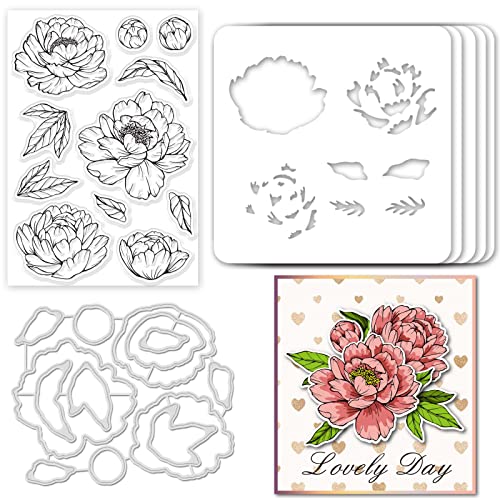GLOBLELAND Pfingstrosen-Stanzformen & klare Stempel & Malschablonen Blumen Prägeschablone Silikon Stempel Hohlmalerei Schablonen Set für Scrapbooking Kartenherstellung DIY Dekoration von GLOBLELAND
