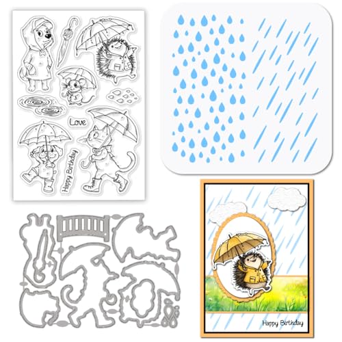 GLOBLELAND Regentage Tiermotiven Stamps Stanzschablone für die Kartenherstellung Katzen Hundemotiv Silikonstempel Stanzschablone Geschichtet PET Malschablonen Für DIY Scrapbooking Bastelalben Zubehör von GLOBLELAND