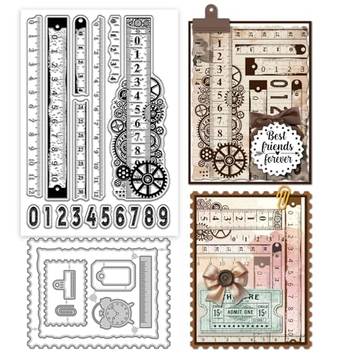 GLOBLELAND Retro-Lineal, transparente Stempel und Metall-Stanzformen, Zahlen, transparent, Stempel, Etikett, Rahmen, Stanzformen für Kartenherstellung, Prägung, Scrapbooking von GLOBLELAND