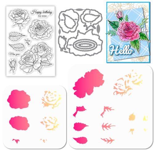 GLOBLELAND Rosen Blättern Stamps Stanzschablone für die Kartenherstellung Blumen Blättern Silikonstempel Stanzschablone Geschichtet PET Malschablonen Für DIY Scrapbooking Bastelalben Zubehör von GLOBLELAND