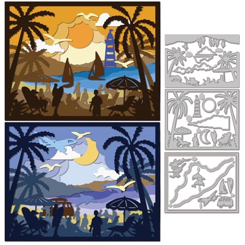 GLOBLELAND Schichtige Strandlandschaft Schnittformen Für DIY Scrapbooking Metall Sommer Casual Crowd Cut Schneideformen Leuchtturm Stanzformen Für Kartenherstellung Prägung Fotoalbum Basteldekoration von GLOBLELAND