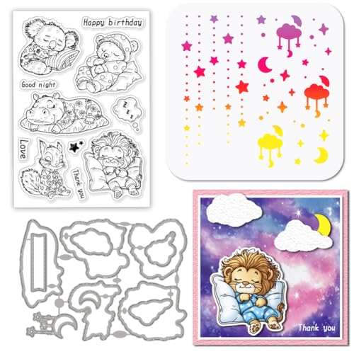GLOBLELAND Schlafenden Tiere Stamps Stanzschablone für die Kartenherstellung Form Eichhörnchen Silikonstempel Stanzschablone Löwen PET Malschablonen Für DIY Scrapbooking Bastelalben Zubehör von GLOBLELAND