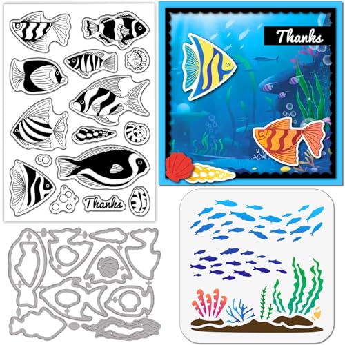 GLOBLELAND Sommer Clownfischen Stamps Stanzschablone für die Kartenherstellung Ozean Fische Silikonstempel Stanzschablone Fische Wasser Gras PET Malschablonen Für DIY Scrapbooking Bastelalben Zubehör GLOBLELAND Sommer Clownfischen Stamps Stanzschablone für die Kartenherstellung Ozean Fische Silikonstempel Stanzschablone Fische Wasser Gras PET Malschablonen Für DIY Scrapbooking Bastelalben Zubehör von GLOBLELAND