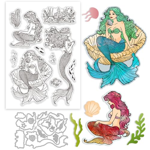 GLOBLELAND Sommer Meerjungfrauen Silikonstempel Metall Stanzformen Malschablonen Für Die Kartenherstellung Meeresfischen Stempel Stanzformen Korallen Schablonen Set Für DIY Scrapbooking Kunsthandwerk von GLOBLELAND