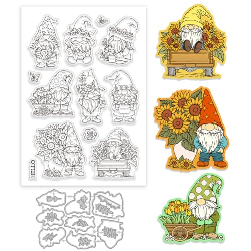 GLOBLELAND Sonnenblumen Gnom Silikonstempel Metall Stanzformen Malschablonen Für Die Kartenherstellung Tulpen Zwerg Schmetterlinge Stempel Stanzformen Schablonen Set Für DIY Scrapbooking Kunsthandwerk von GLOBLELAND