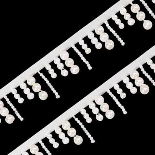 GLOBLELAND Spitzenborte mit weißen Perlen, 4,5 cm breit, 2 m, zum Nähen, Basteln, Hochzeitskleid, Kleidung, Zubehör, DIY-Dekoration von GLOBLELAND