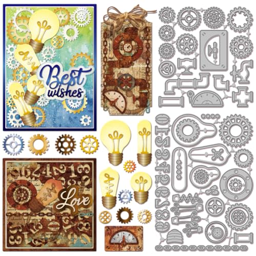 GLOBLELAND Stanzformen Im Vintage Stil Mit Wasserrohr Zahnradmotiv Für Bastelarbeiten Scrapbooking Metall Retro Glühbirne Zahlen Stanzformen Für Kartenherstellung Prägung Fotoalbum Basteldekoration von GLOBLELAND