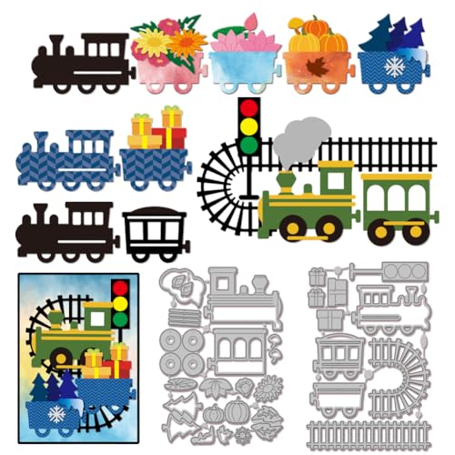 GLOBLELAND Stanzformen mit Zugschienen für DIY-Weihnachts-Scrapbooking Eisenbahn Lokomotive und Zug-Frachtbox Metall-Stanzformen Blumen Pflanzen Stanzschablonen für Prägung Halloween Basteldekor von GLOBLELAND