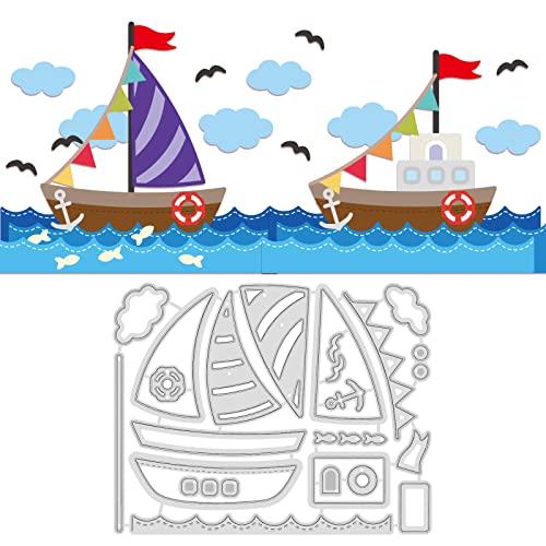 GLOBLELAND Stanzschablonen Segelboot Metall Schneiden Schablonen Möwe, Wolken und Wellen Stanzformen für Kartenherstellung und DIY Scrapbooking Dekor von GLOBLELAND