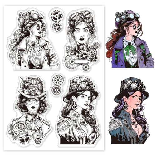 GLOBLELAND Steampunk Lady Transparente Stempel Für DIY Scrapbooking Gear Lady Silikon Stempelsiegel Transparenter Stempel Für Kartenherstellung Fotoalbum Tagebuch Dekoration 6.3x4.33 Zoll von GLOBLELAND