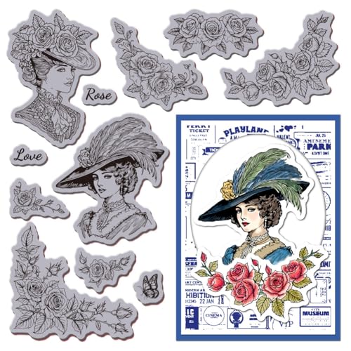 GLOBLELAND Victoria Cling Stamps 8.7"X7" Vintage Lady Haftstempel Rosenecke Blumen EVA Gummi Stempel Für Die Kartengestaltung Fotoalbum Papierbasteldekor DIY Scrapbooking von GLOBLELAND