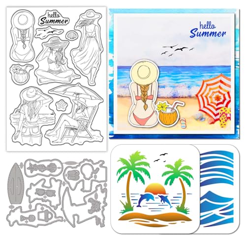 GLOBLELAND Strandfrauen Stamps Stanzschablone für die Kartenherstellung Sommer Schwimmen Silikonstempel Stanzschablone Strand Wellen PET Malschablonen Für DIY Scrapbooking Bastelalben Zubehör von GLOBLELAND