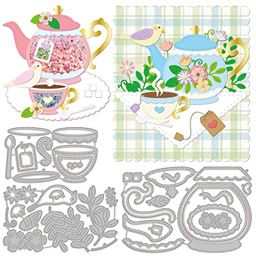 GLOBLELAND Teekanne Stanzformen für die Herstellung von Kartendekoration Vögel Nachmittagstee Blumen Blätter Stanzformen Schablonen für Scrapbooking Fotoalbum von GLOBLELAND