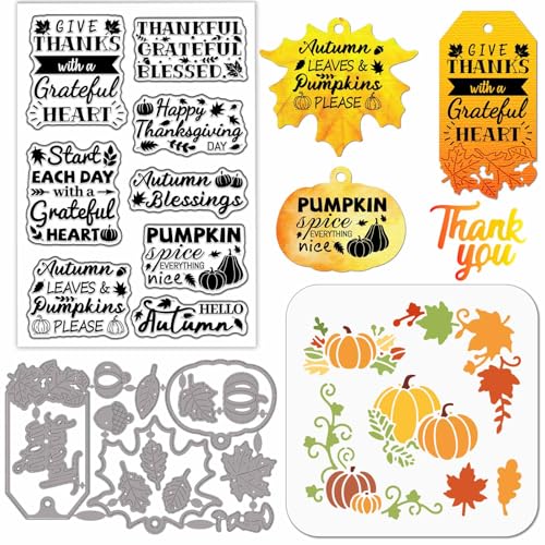 GLOBLELAND Thanksgiving Text Transparente Stempel Stanzformen PET Malschablonen Kürbis Ahornblatt Silikonstempel Metall Herbstgrüße Wörter Stanzungen PET Malschablonen Für Die Kartengestaltung DIY von GLOBLELAND